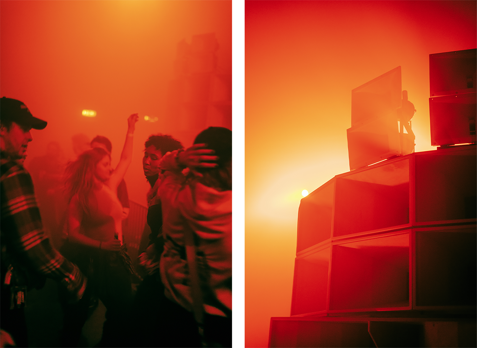 These are two photos that both have orange as a base colour. The first photo shows people dancing. In the centre is a woman dancing with one arm in the air and her long hair, which she wears loose, moving with her. The second photo shows KrackFree Soundsystem's sound system.